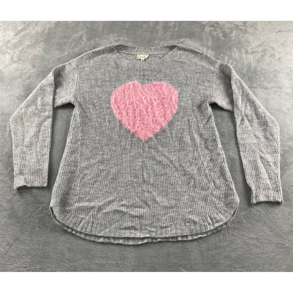 Cloth & Portrait Gray Ribbed Knit Sweater Pink Fuzzy Eyelash Heart Large